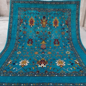 8x10 Afghan Blue Rug, Top Quality Hand Knotted Wool Rug, Turkmen Bijdar Floral Rug, Turkish Rug, Bedroom, Dining Table Rug Modern Luxury Rug