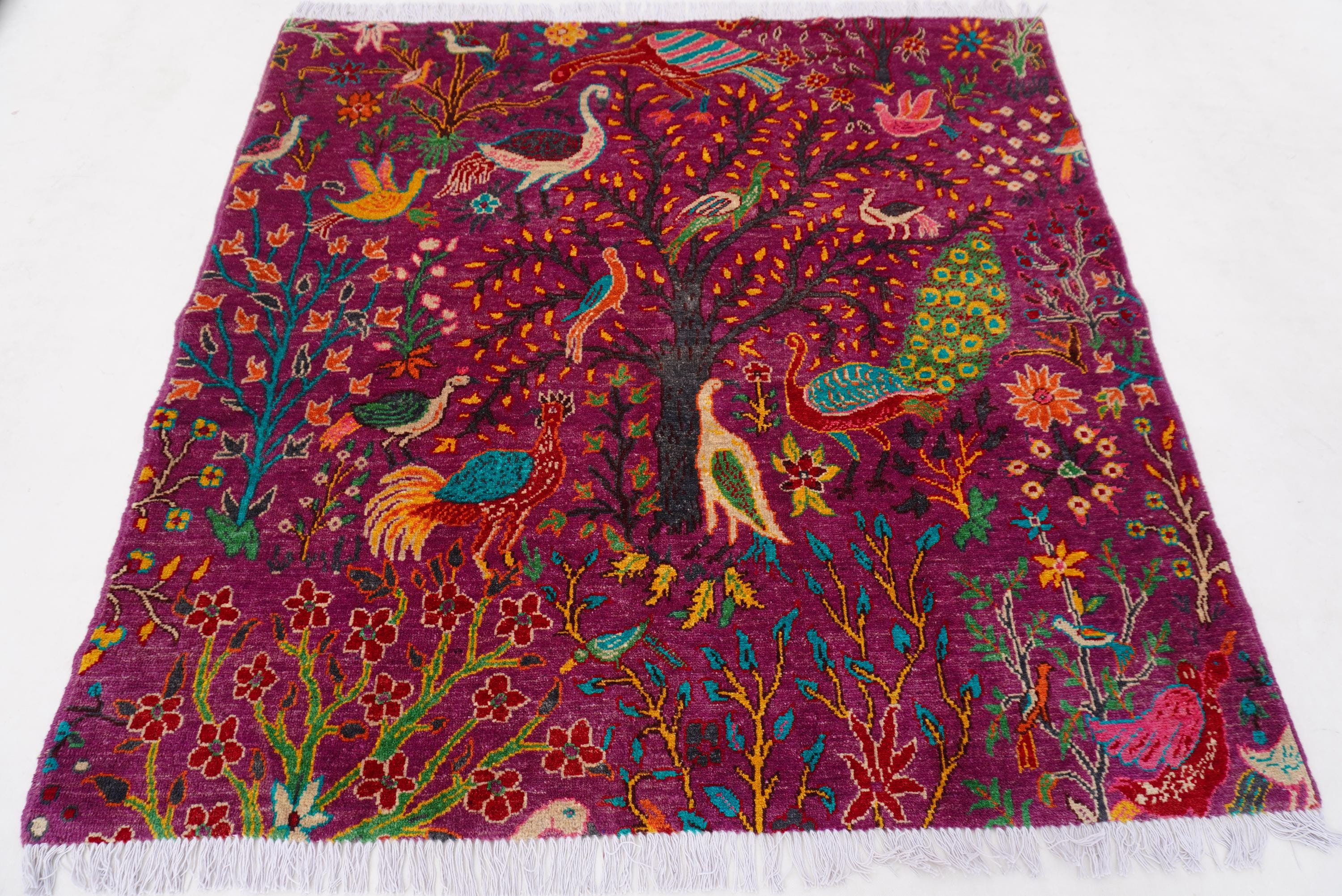 5x5 Square Rug, Pink Pictorial Rug, Hand Knotted Rug, Birds Peacocks Trees Rug, Pink Green Yellow Red Kids Room Rug, 100% Handmade Wool Rug