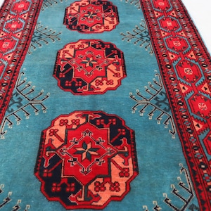 Blue 3x6 Area Rug 100x170 cm Turkmen Bukhara Rug, Handmade wool rug Elephant foot Philpy Afghan Rug, Oriental Tekke rug, Kitchen Bedroom rug