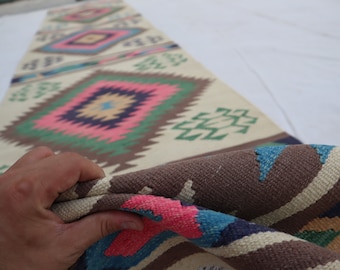 Beige 13 ft Runner rug, Afghan Flatweave Kilim Rug 100% Wool Handmade Rug, Oriental Turkmen Rug, Hallway Runner rug, Southwestern design Rug