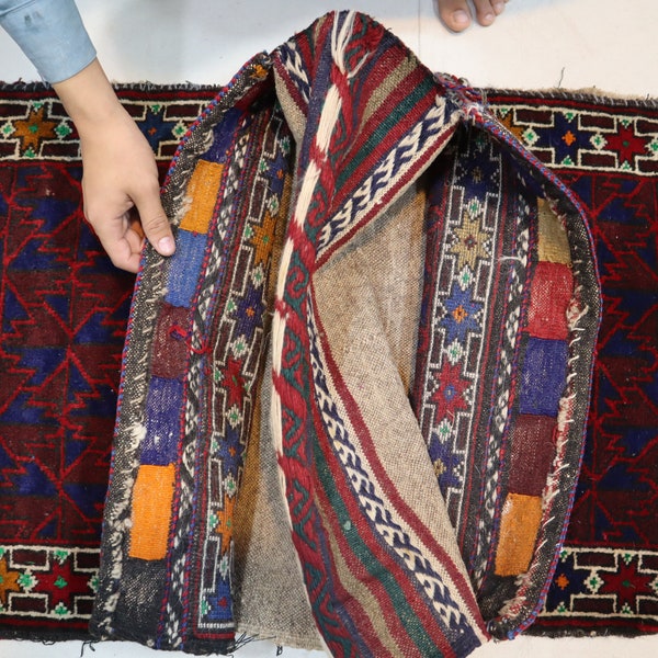 2x5 ft Handmade Afghan Antique Tribal Salt Bag Rug, Hand Knotted Wool Turkmen Old Namak Dan Rug, Khurjin Home Decor, Oriental Cushion Cover