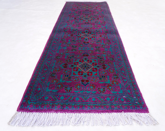 2x5 Purple Runner Rug, Afghan Purple with Turquoise Bukhara rug, Handmade wool rug, Turkmen Oriental Rug, Hallway 5 ft runner Kitchen Runner