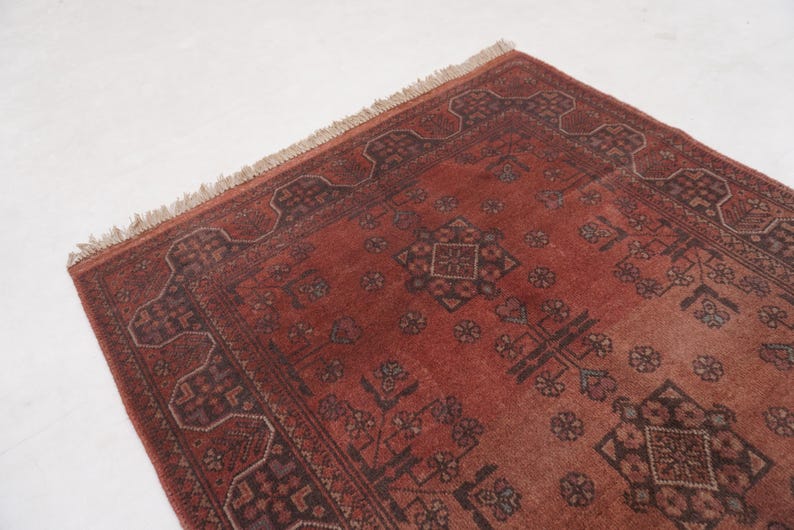 Antique Terracotta Rug 3'4x5'3" Turkmen Bukhara Rug, Handmade Afghan Wool Rug, Bedroom Rug, Office Rug, Kitchen Rug, Tribal Rug image 4