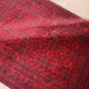 Afghan Red Area rug, 6x8 ft Turkmen Hand-knotted High Pile Soft Wool Carpet, 5&#39;10x8 Khal Muhammadi Bukhara rug, Tribal Oriental Office rug