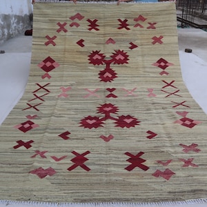 7x10 ft Afghan Gabbeh Kilim Rug, Handmade Wool Flatweave, Natural Vegetable dyes Turkmen Oriental Rug, Natural Gray Maroon Pink, Bedroom Rug