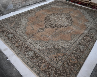 1900s Antique Large Rug 10x13 Turkmen Caucasian Muted Terracotta Rug, Handmade Wool Rug, No Pile Oriental Area Rug Living Room Rug 9'7x13'0"