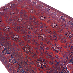 6x8 ft Large Afghan Rug, Hand Knotted Khal Muhammadi Bukhara Rug, Oriental Turkmen Tribal Rug, Red Living room Rug, Dining Table Carpet