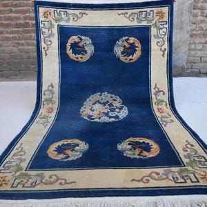 Blue Afghan Vintage Rug 4'0x6'5 ft Geometric Area Rug, Handmade Wool Rug, Soft Pile Oriental Rug, Turkmen Tribal Rug, Bedroom Rug 120x200 cm