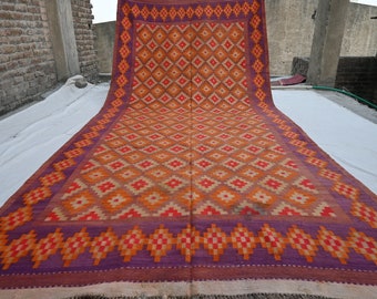 8x14 大型 1950年代 アンティーク アフガン キリム ラグ、本物の平織り