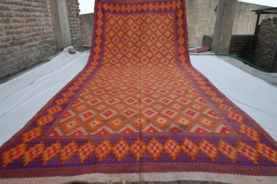 6x14 Antique Orange Flatweave Kilim Rug, Geometric Vintage Area Rug, Afghan Rug, Oriental Turkmen Nomadic Rug, Large Bedroom Living Room Rug