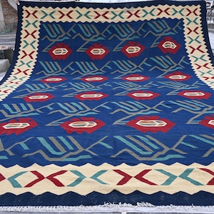 12x15 Large Area Rug, Handmade Rug, Wool Rug, Afghan Blue Rug, Flatweave Kilim Rug, Geometric Gabbeh Rug, Oriental Rug, Living Room Rug