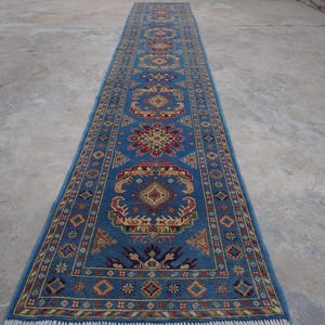 Long 16 ft Runner Rug 80x500 cm Handmade Wool rug, Serapi design Bijdar Rug, Afghan Blue Rug, Turkmen Hallway Runner Stair Treads Runner rug