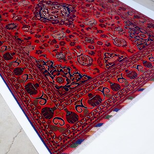 13x9 ft Large Afghan Rug, Hand Knotted Zer Khaki Geometric Bukhara Rug, Oriental Turkmen Tribal Rug, Red Living room Rug Dining Table Carpet Bild 10