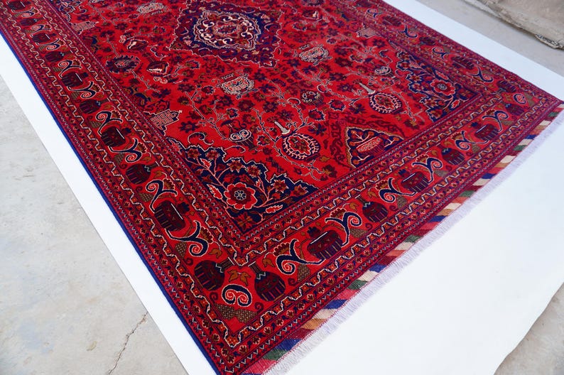 13x9 ft Large Afghan Rug, Hand Knotted Zer Khaki Geometric Bukhara Rug, Oriental Turkmen Tribal Rug, Red Living room Rug Dining Table Carpet Bild 10