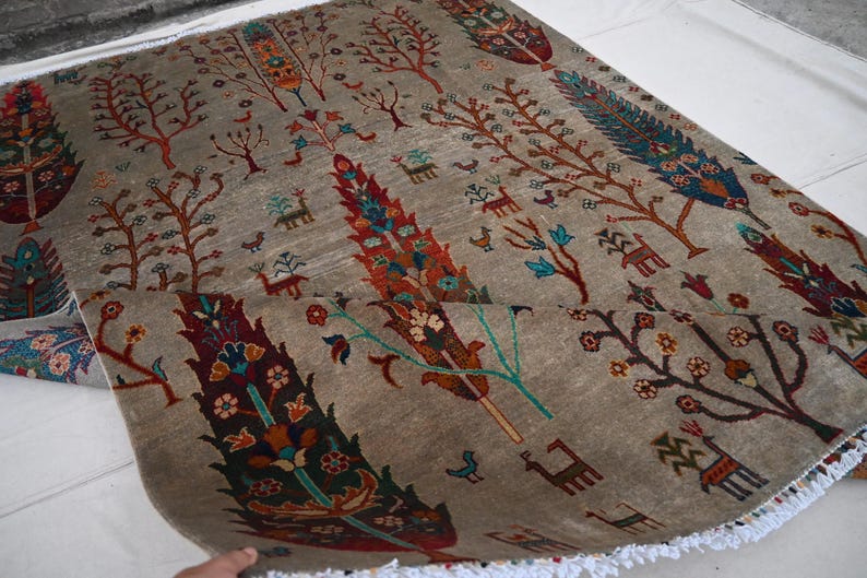 7x10 Afghan Natural Pictorial Rug, Top Quality Handmade Wool Rug