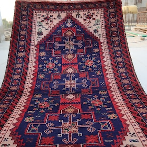 4x7 Antique Turkmen Geometric Baluchi Rug, Afghan Handmade Wool Area Rug 120x220 cm Tribal Navy Beige Rug Vintage Oriental Rug, Bedroom Rug