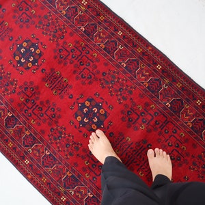 13 ft Runner Antique Rug, Turkmen Tribal Bukhara design Long Runner rug, Afghan Handmade Wool Rug, Red Hallway runner rug, Oriental Rug 3x13