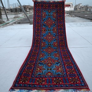 Blue 2'5x7'4 ft Afghan runner rug, Handmade wool rug, Turkmen Kalisaye 7 ft Runner Rug, Oriental Rug, Floor Runner, Kitchen, Hallway runner