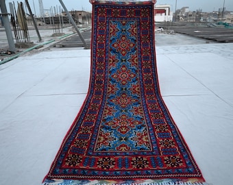 Blue 2'5x7'4 ft Afghan runner rug, Handmade wool rug, Turkmen Kalisaye 7 ft Runner Rug, Oriental Rug, Floor Runner, Kitchen, Hallway runner