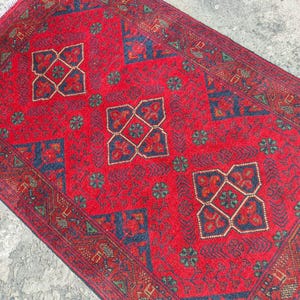 Afghan Vintage rug 2'6x4'5 ft Hand-knotted High Pile Soft Wool Carpet Khal Muhammadi Area rug, Antique Turkmen Bukhara Red rug, Oriental Rug image 14