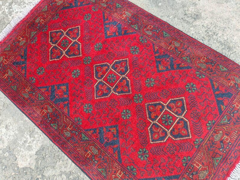 Afghan Vintage rug 2'6x4'5 ft Hand-knotted High Pile Soft Wool Carpet Khal Muhammadi Area rug, Antique Turkmen Bukhara Red rug, Oriental Rug image 14