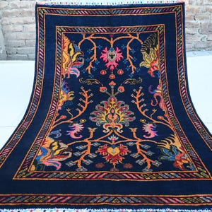 Turkish Bijdar Sultani Rug 3&#39;5x5 Afghan Navy Blue Rug, Handmade Wool Rug, Natural Veg dyes Rug, Oriental Area Rug, Living Room, Bedroom Rug