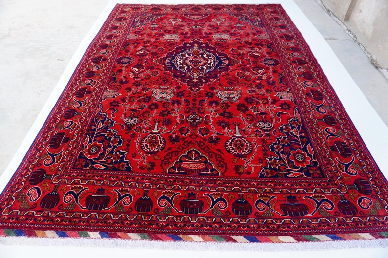 13x9 ft Large Afghan Rug, Hand Knotted Zer Khaki Geometric Bukhara Rug, Oriental Turkmen Tribal Rug, Red Living room Rug Dining Table Carpet Bild 6
