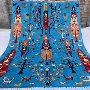 5x7 Blue Pictorial Rug, Turkmen Handmade Rug, Tree of life design, Afghan Oriental Area Rug, Natural Dye Wool Rug, Kids Room rug, Office Rug