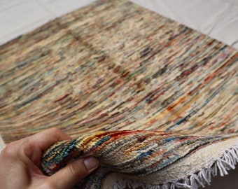 Gestreept Afghaans handgemaakt wollen gabbeh-tapijt van 3'3 x 4'4 ft, veelkleurig Turkmeens tapijt, plantaardige kleurstoffen modern tapijt, keukeninrichting, kantoortapijt 3 x 5