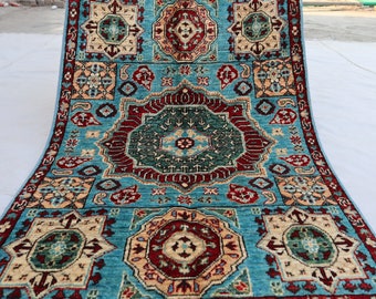 Blue 2.9x4&#39;1 ft Afghan Hand-Knotted Mamluk Rug, Medallion small area rug, Vegetable dye wool rug, Kitchen, Office rug, Geometric Turkish Rug