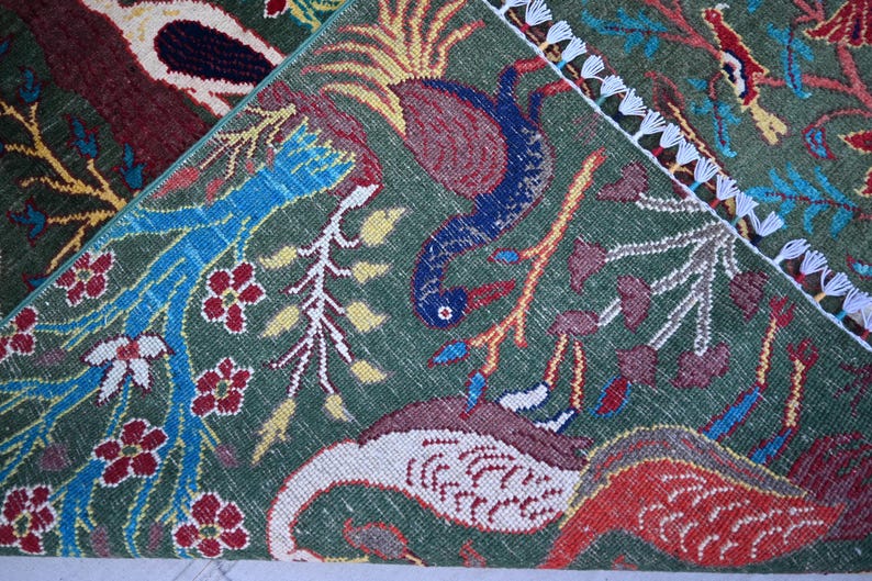 5x7 Green Pictorial Rug, Afghan Rug, Handmade Fine Wool Rug, Peacocks