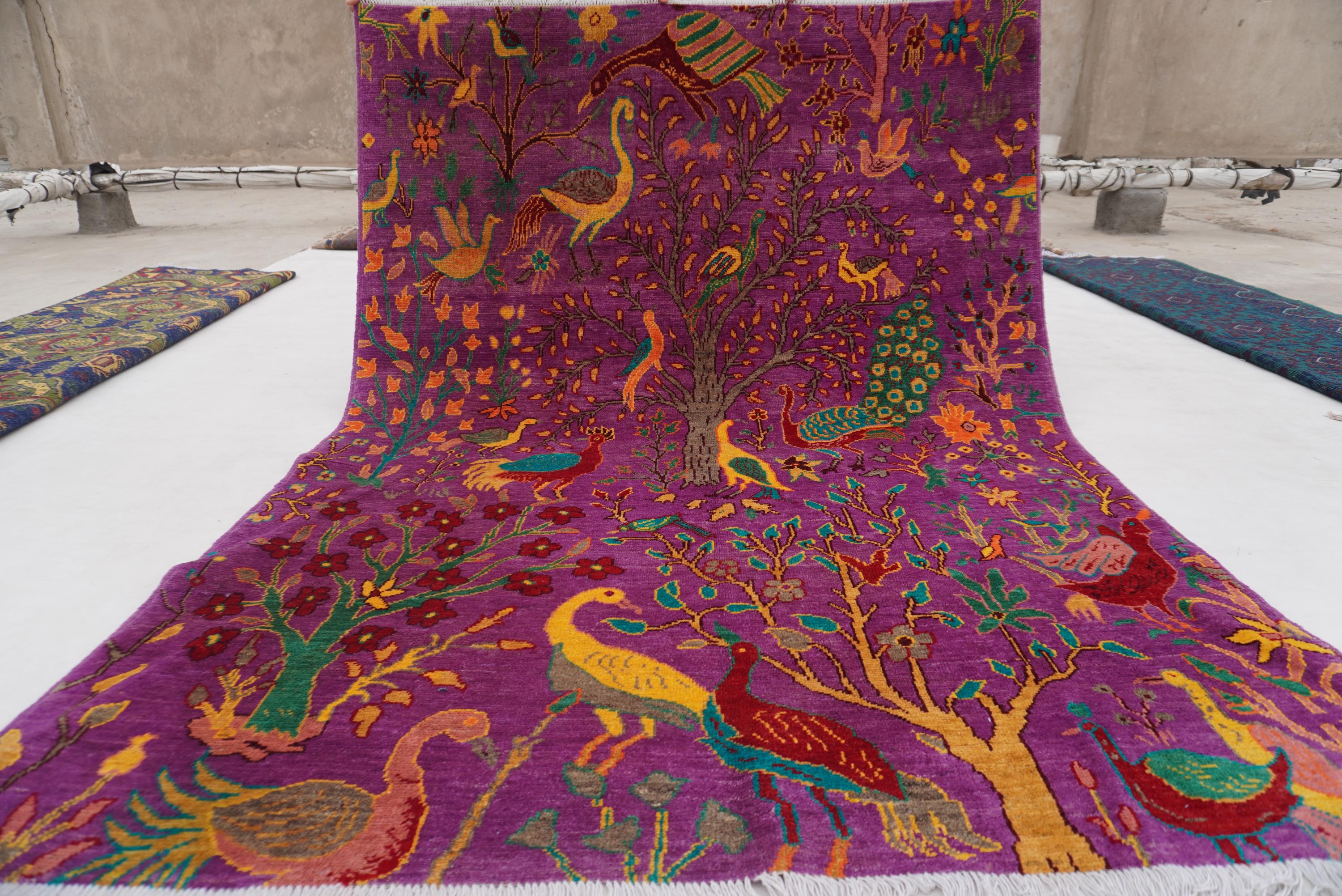 Dark Pink Rug 5x7 Afghan Pictorial Rug, Hand Knotted Fine Wool Rug, Peacocks Birds Trees Art Rug, Oriental Rug, Bedroom Rug, Kids Room Rug