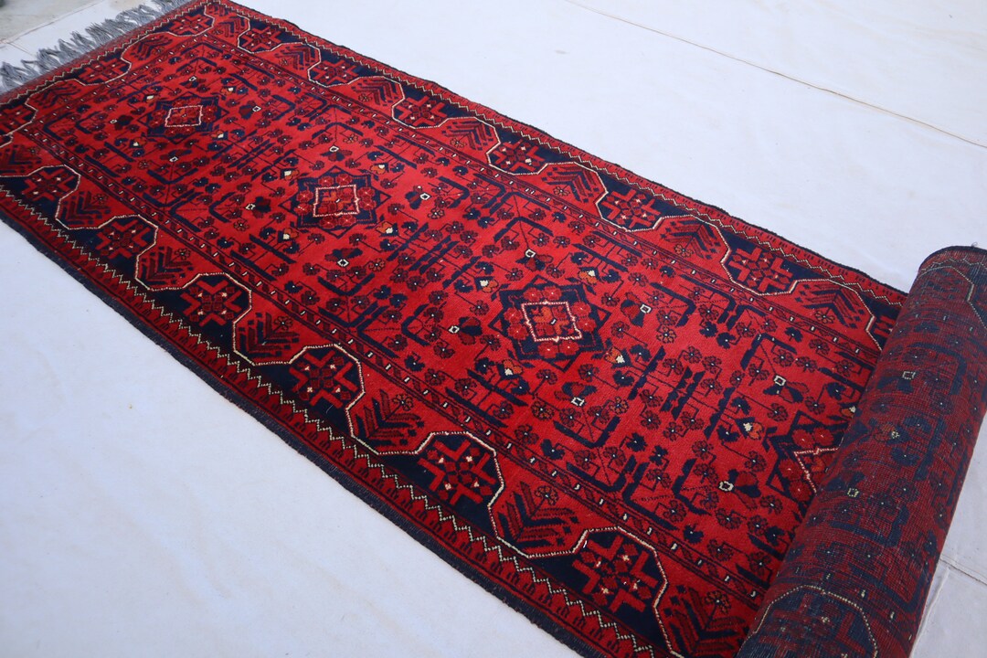 13 Ft Runner Rug, Red Khal Muhammadi Design Bukhara Rug, Fine Handmade ...