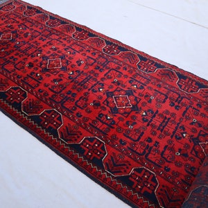 13 ft Runner Rug, Red Khal Muhammadi design Bukhara Rug, Fine Handmade Wool Rug, High Pile Soft Oriental Rug, Hallway Runner Rug Kitchen Rug