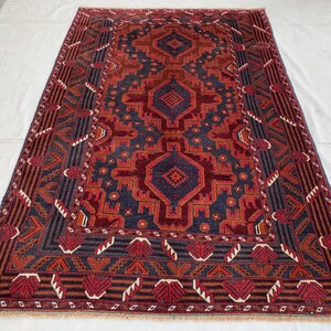 4x6 Afghan Vintage Rug, Handmade Wool Area Rug, Soft Pile Geometric Baluchi Rug, Bedroom , Living Room Rug, Oriental, Office Rug, 120x180 cm