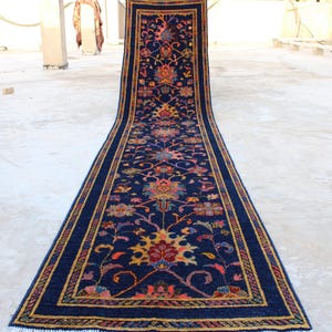 Navy Blue 13 ft Runner Rug, Afghan Bijdar design Handmade Wool rug, Turkmen Tribal Sultani Rug, Hallway Runner Rug, Stairs Treads Runner Rug
