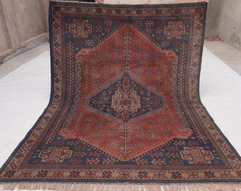 Collectors Piece 5x7 Terracotta Vintage Rug, Caucasian design Soft Pile Rug, Geometric Afghan Rug Oriental Turkmen Rug, One of a Kind Carpet
