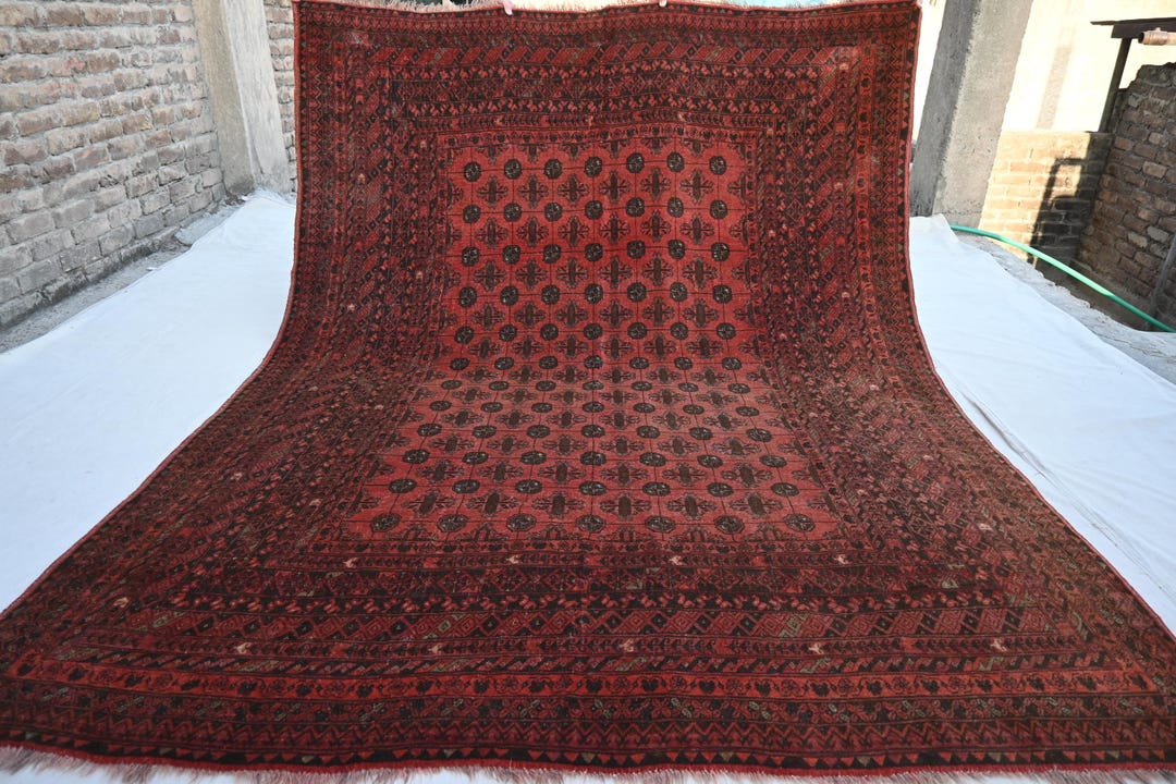 7x9 Large Antique 1930s Rug, Terracotta Afghan Mowri Rug, Turkmen ...