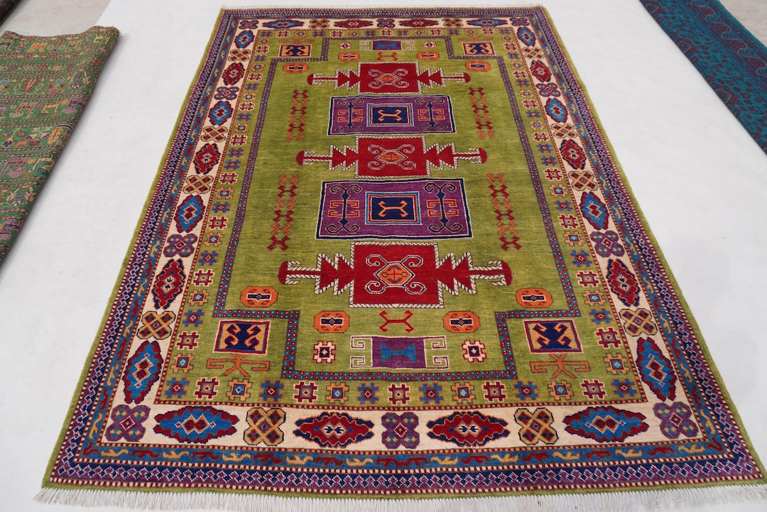 6x8 Green Kazak Rug, Handmade Wool Rug, Afghan Caucasian Rug, Turkish ...