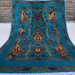 3&#39;6x5&#39;1 ft Turquoise Rug, Turkish Bijdar Area Rug, Handmade Wool Rug, Oriental Rug, Living Room Rug- Oushak Rug 105x155 cm Modern Floral Rug
