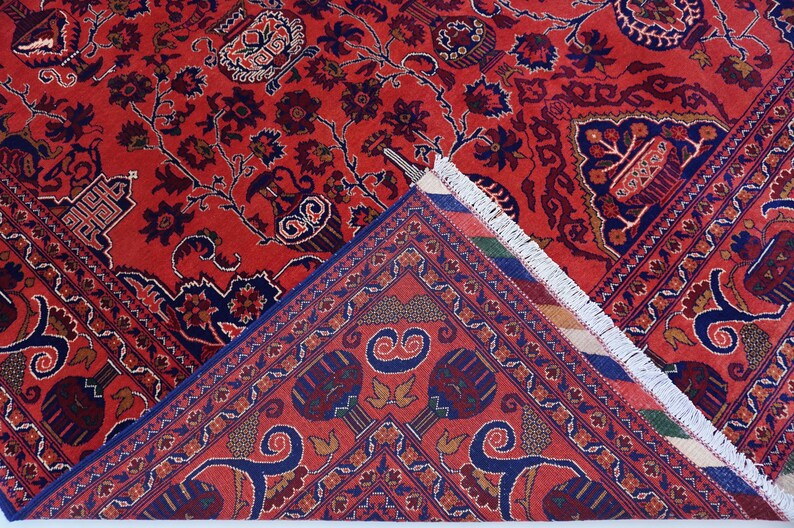 13x9 ft Large Afghan Rug, Hand Knotted Zer Khaki Geometric Bukhara Rug, Oriental Turkmen Tribal Rug, Red Living room Rug Dining Table Carpet Bild 12