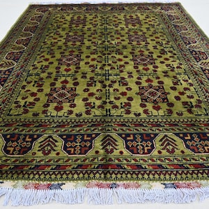5x7 Green Afghan Rug, Hand Knotted Rug, Fine Wool Rug, Light Green Bukhara Rug, Stunning Turkmen Tribal Rug, Oriental Nomadic rug 160x205 cm