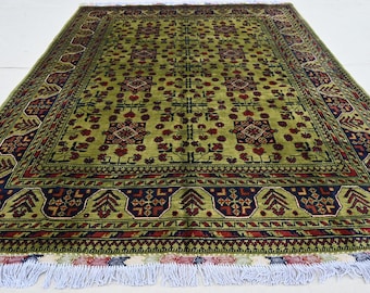 5x7 Green Afghan Rug, Hand Knotted Rug, Fine Wool Rug, Light Green Bukhara Rug, Stunning Turkmen Tribal Rug, Oriental Nomadic rug 160x205 cm
