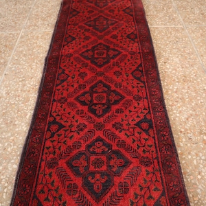 2x5 Afghan Runner rug, Red runner rug, Turkmen rug, High Pile Soft Wool Carpet, Floral Bukhara rug, Kitchen decor rug, Hall way runner rug