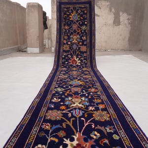 Navy Bijdar Rug 3x14 ft Runner Rug, Handmade Wool Rug, Turkmen Serapi Rug, Turkmen Navy Oushak Rug, Hallway Runner, Kitchen Runner 2'9x13'5"