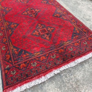 Afghan Vintage rug 2'6x4'5 ft Hand-knotted High Pile Soft Wool Carpet Khal Muhammadi Area rug, Antique Turkmen Bukhara Red rug, Oriental Rug image 13