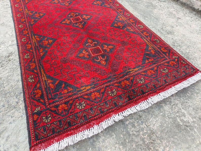 Afghan Vintage rug 2'6x4'5 ft Hand-knotted High Pile Soft Wool Carpet Khal Muhammadi Area rug, Antique Turkmen Bukhara Red rug, Oriental Rug image 13