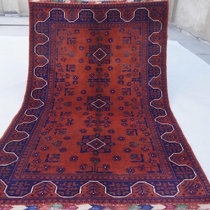 5&#39;3x3&#39;5 ft Orange Bukhara Rug, Afghan Tribal Rug, Handmade Wool Rug, Oriental Rug, Entry way, Kitchen Rug, Bedroom, Modern Area Rug 105x160
