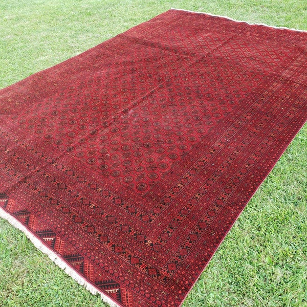 8x11 Antique Turkmen Tekke Mowri Large Bukhara Rug, Afghan Handmade Wool Area Rug 240x340 cm Vintage Oriental Rug, Bedroom, Dining Table Rug