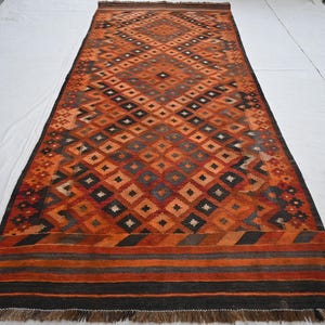 1940s Antique Terracotta Rug 4'7x11'4 ft Turkmen Kilim Rug Afghan Tribal Handmade Wool Rug, Flatweave Kilim Rug, Oriental Kitchen Runner Rug